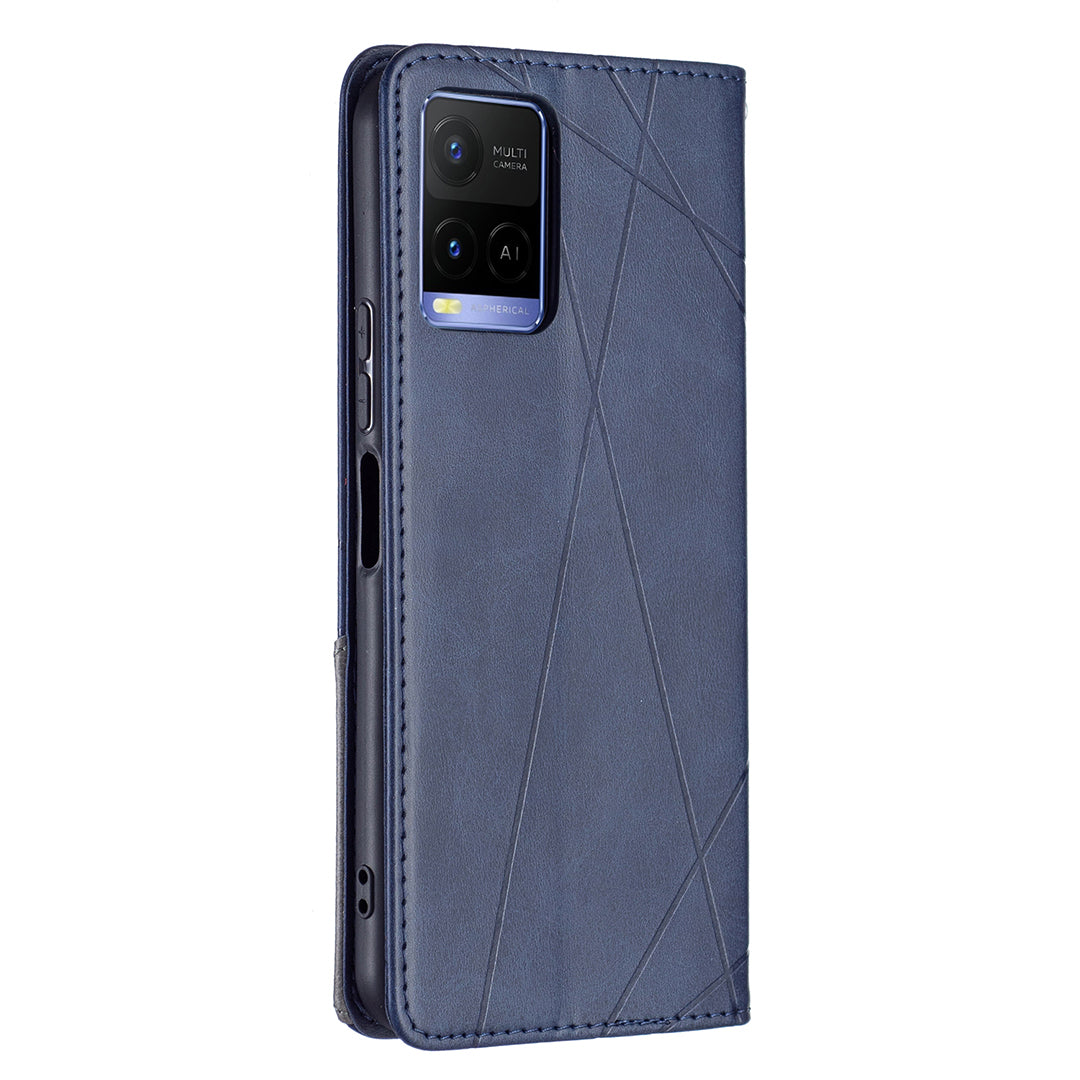 For vivo Y21 Scratch-resistant Rhombus-Like Protective Phone Cover Imprinting Card Slots Design Leather Stand Phone Case