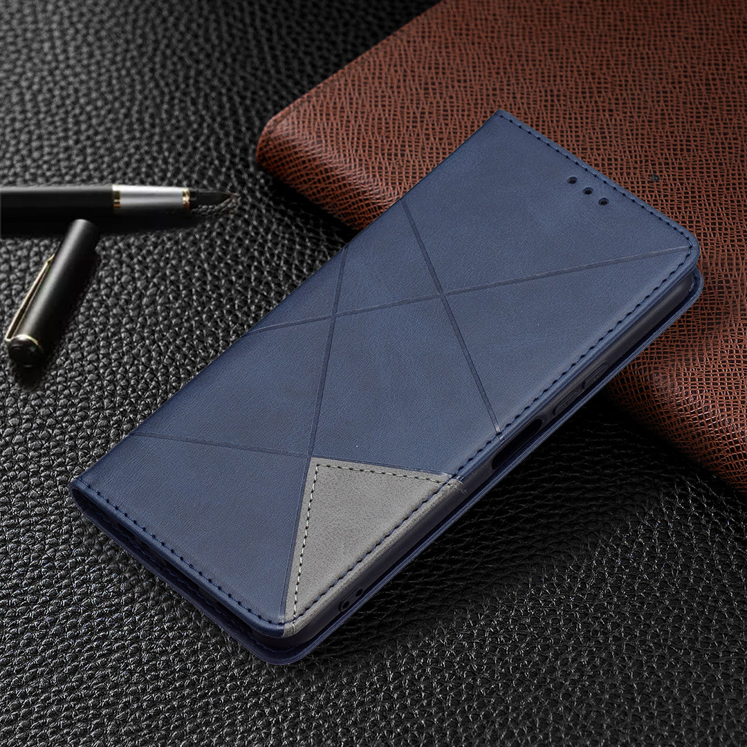 For vivo Y21 Scratch-resistant Rhombus-Like Protective Phone Cover Imprinting Card Slots Design Leather Stand Phone Case