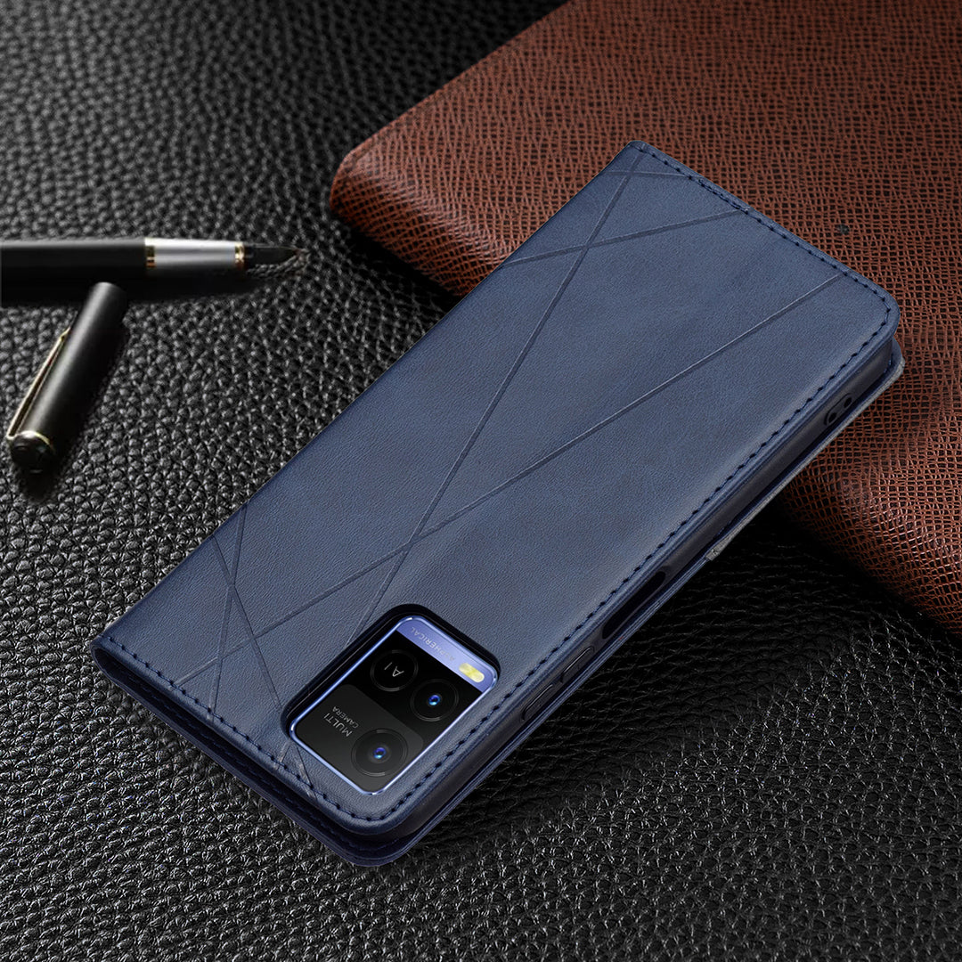 For vivo Y21 Scratch-resistant Rhombus-Like Protective Phone Cover Imprinting Card Slots Design Leather Stand Phone Case