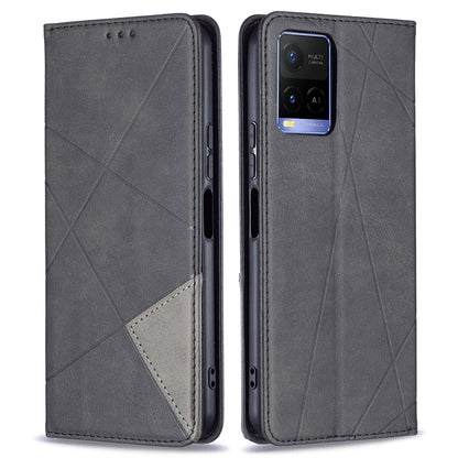 For vivo Y21 Scratch-resistant Rhombus-Like Protective Phone Cover Imprinting Card Slots Design Leather Stand Phone Case
