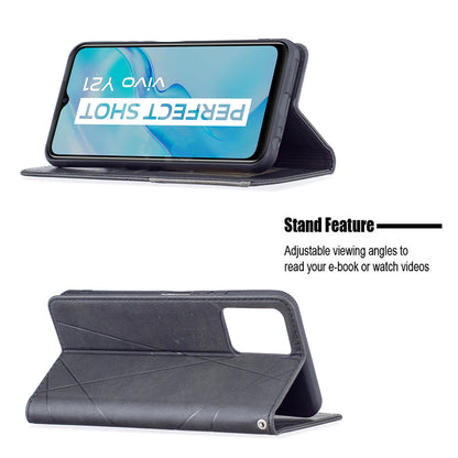 For vivo Y21 Scratch-resistant Rhombus-Like Protective Phone Cover Imprinting Card Slots Design Leather Stand Phone Case