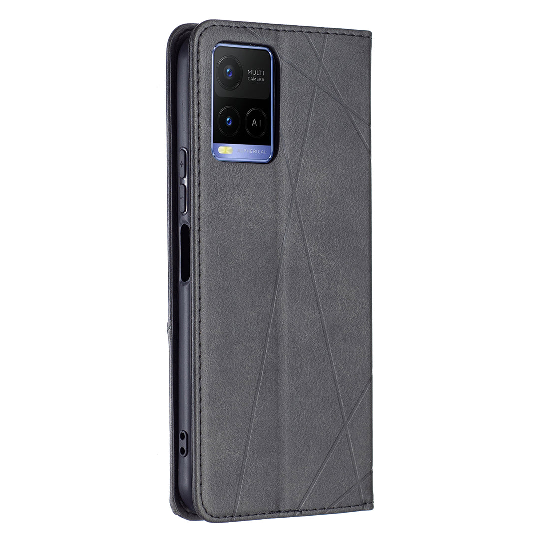 For vivo Y21 Scratch-resistant Rhombus-Like Protective Phone Cover Imprinting Card Slots Design Leather Stand Phone Case