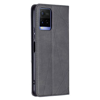 For vivo Y21 Scratch-resistant Rhombus-Like Protective Phone Cover Imprinting Card Slots Design Leather Stand Phone Case