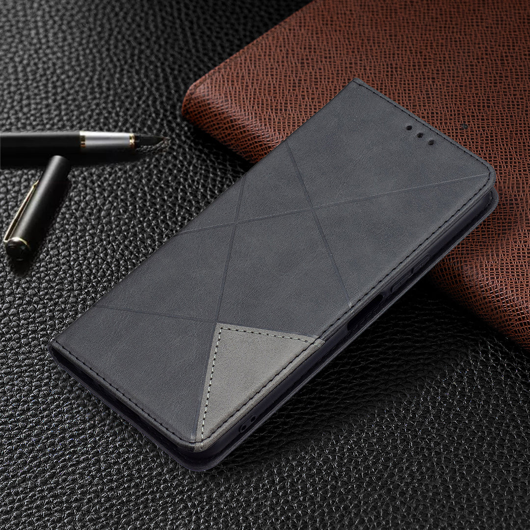 For vivo Y21 Scratch-resistant Rhombus-Like Protective Phone Cover Imprinting Card Slots Design Leather Stand Phone Case