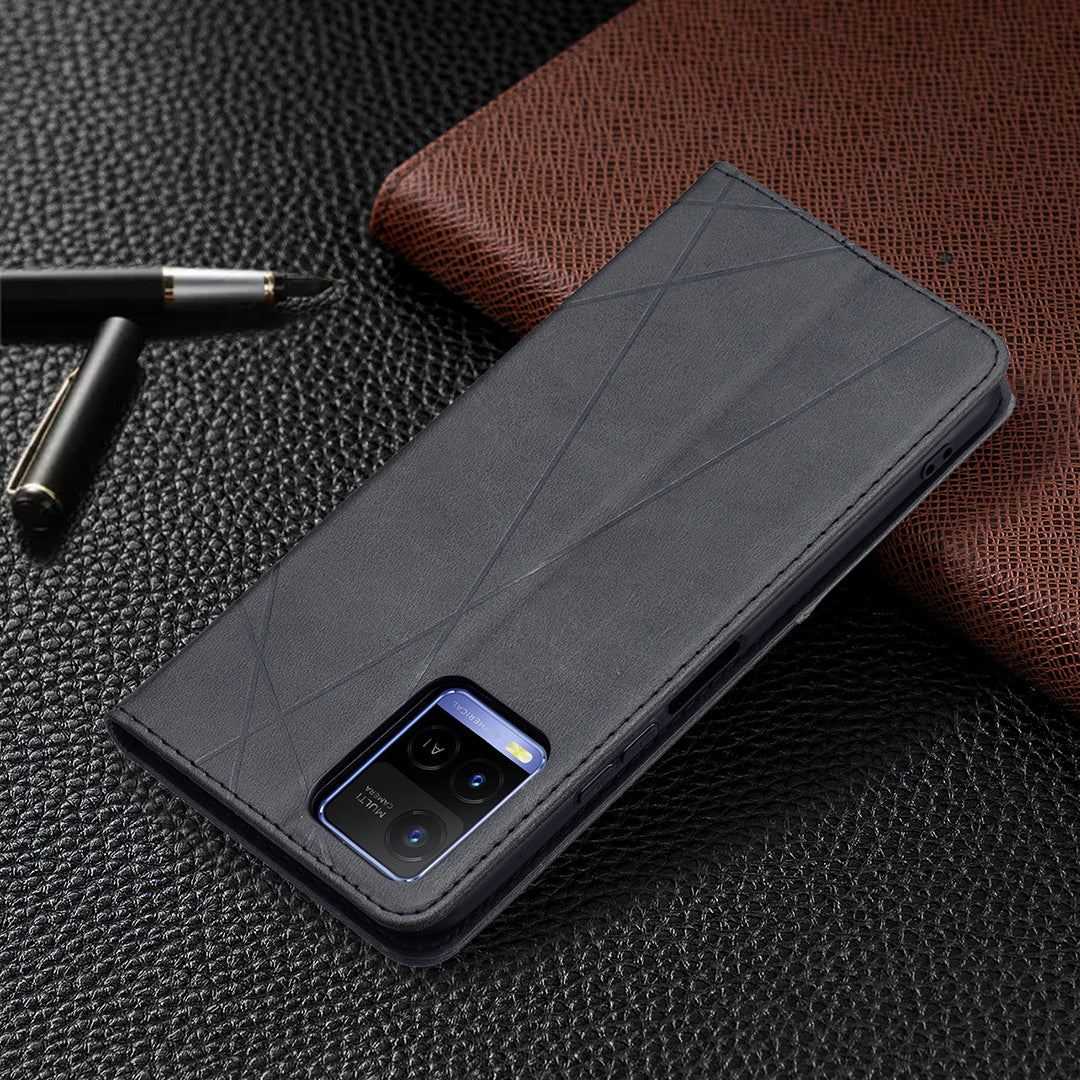 For vivo Y21 Scratch-resistant Rhombus-Like Protective Phone Cover Imprinting Card Slots Design Leather Stand Phone Case