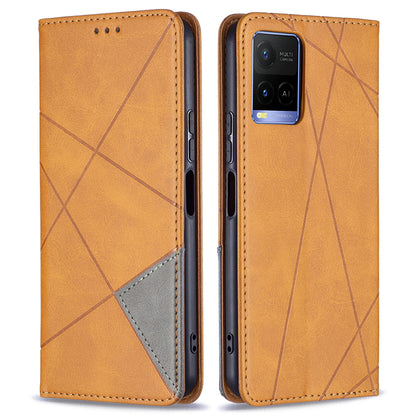 For vivo Y21 Scratch-resistant Rhombus-Like Protective Phone Cover Imprinting Card Slots Design Leather Stand Phone Case