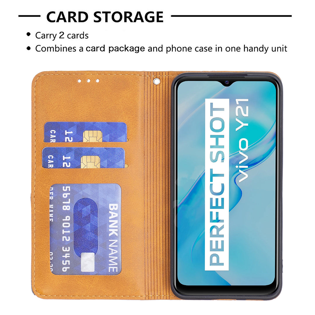 For vivo Y21 Scratch-resistant Rhombus-Like Protective Phone Cover Imprinting Card Slots Design Leather Stand Phone Case