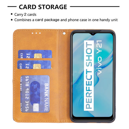 For vivo Y21 Scratch-resistant Rhombus-Like Protective Phone Cover Imprinting Card Slots Design Leather Stand Phone Case
