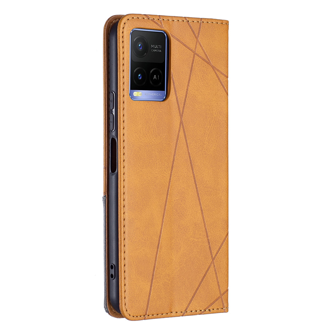 For vivo Y21 Scratch-resistant Rhombus-Like Protective Phone Cover Imprinting Card Slots Design Leather Stand Phone Case