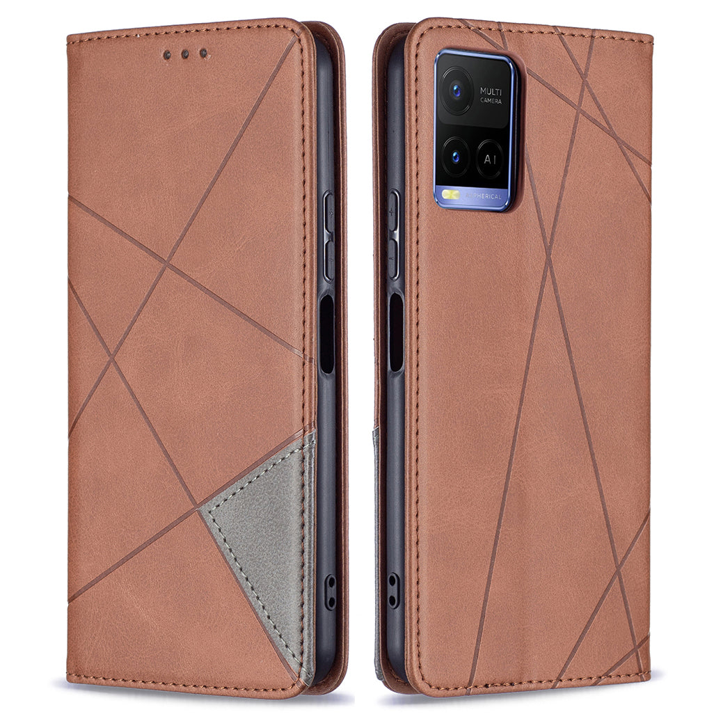 For vivo Y21 Scratch-resistant Rhombus-Like Protective Phone Cover Imprinting Card Slots Design Leather Stand Phone Case