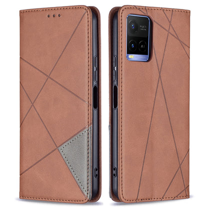 For vivo Y21 Scratch-resistant Rhombus-Like Protective Phone Cover Imprinting Card Slots Design Leather Stand Phone Case