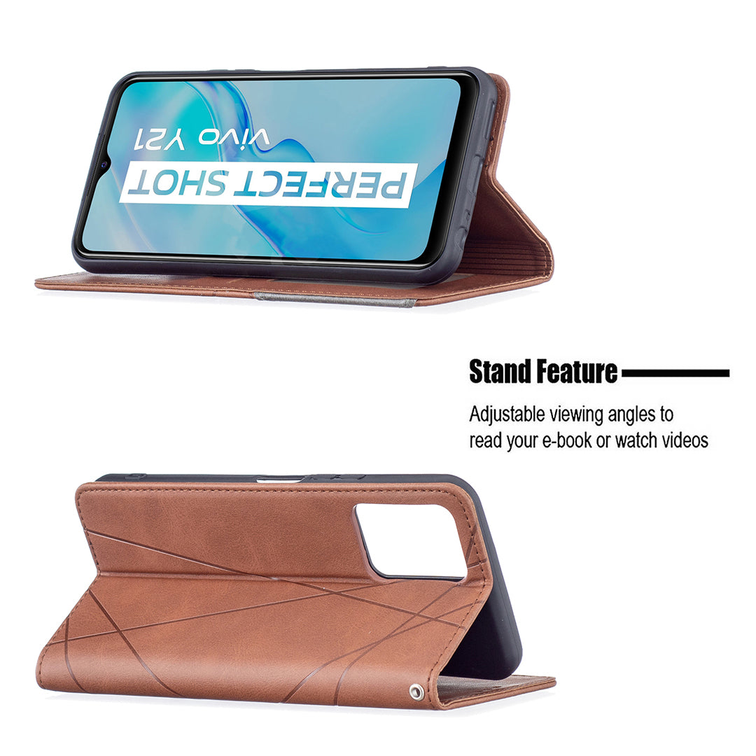 For vivo Y21 Scratch-resistant Rhombus-Like Protective Phone Cover Imprinting Card Slots Design Leather Stand Phone Case