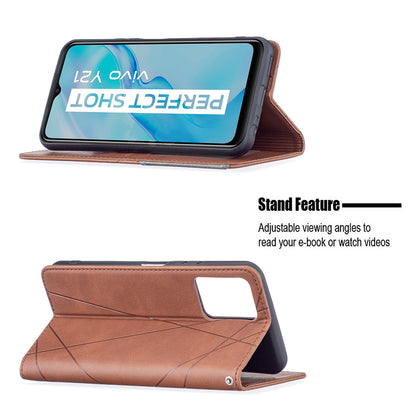For vivo Y21 Scratch-resistant Rhombus-Like Protective Phone Cover Imprinting Card Slots Design Leather Stand Phone Case