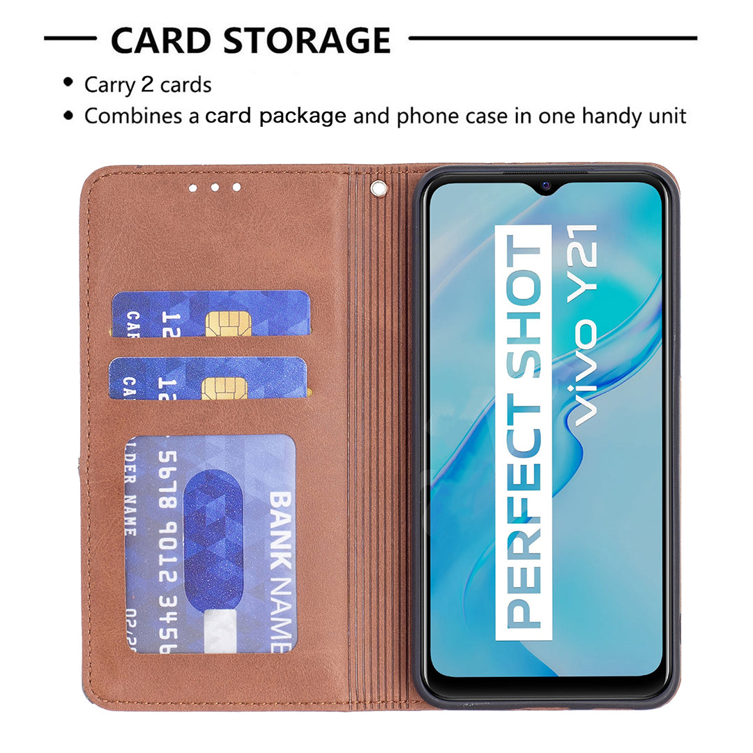 For vivo Y21 Scratch-resistant Rhombus-Like Protective Phone Cover Imprinting Card Slots Design Leather Stand Phone Case