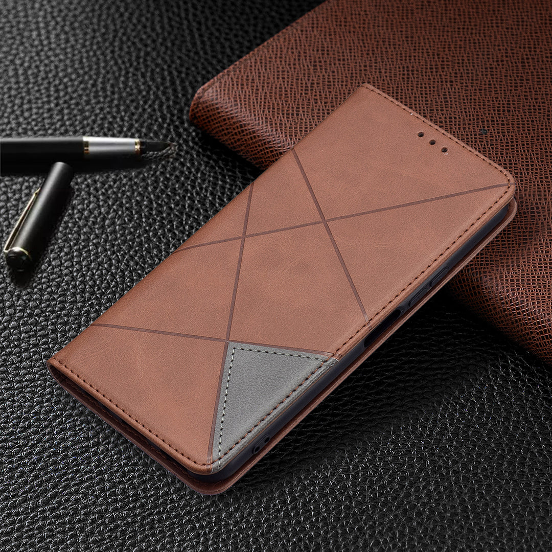 For vivo Y21 Scratch-resistant Rhombus-Like Protective Phone Cover Imprinting Card Slots Design Leather Stand Phone Case