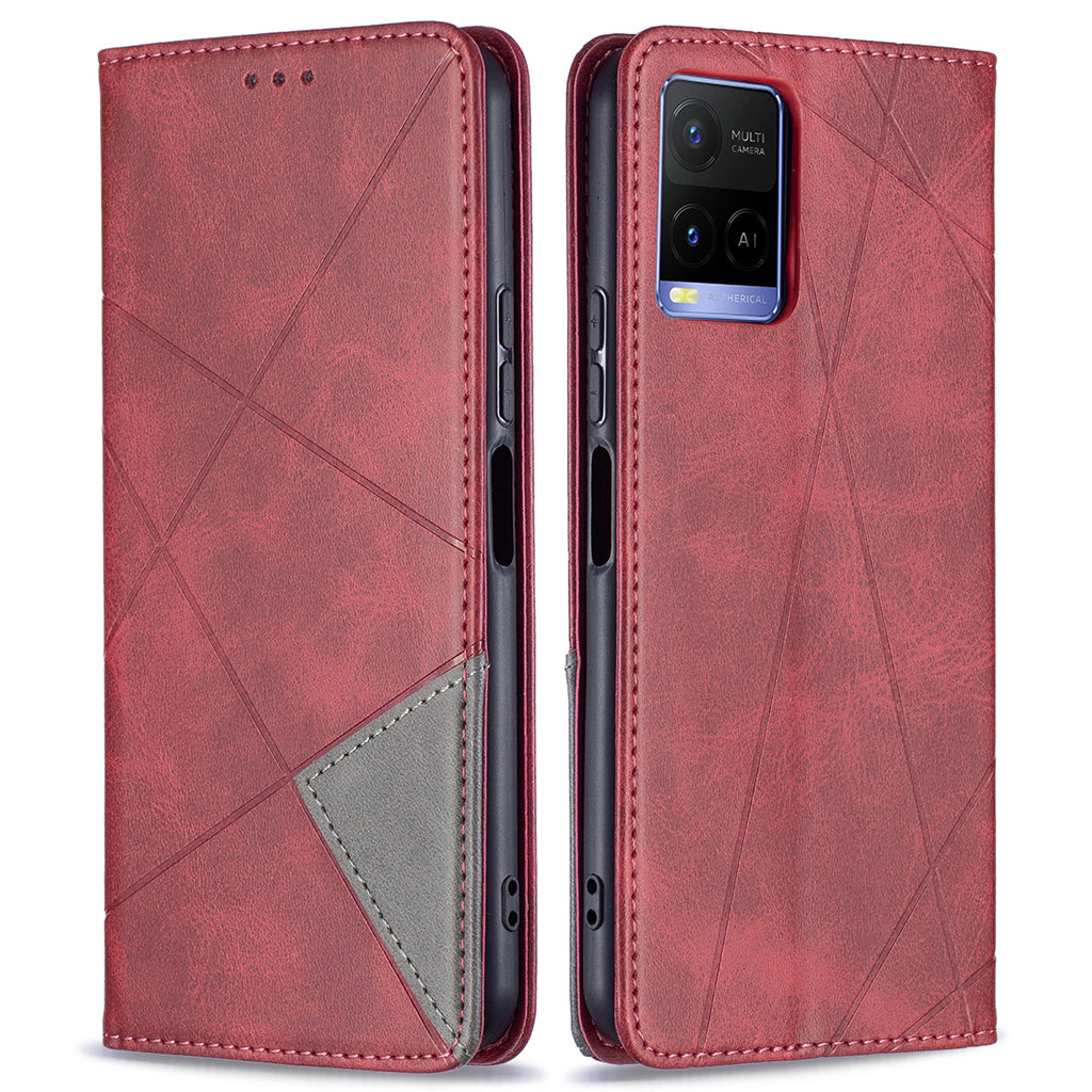 For vivo Y21 Scratch-resistant Rhombus-Like Protective Phone Cover Imprinting Card Slots Design Leather Stand Phone Case