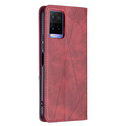 For vivo Y21 Scratch-resistant Rhombus-Like Protective Phone Cover Imprinting Card Slots Design Leather Stand Phone Case
