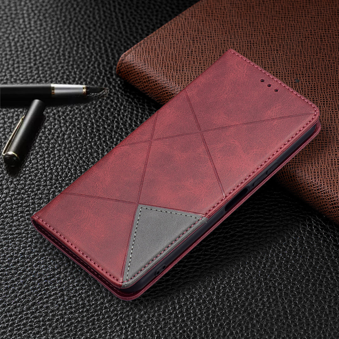 For vivo Y21 Scratch-resistant Rhombus-Like Protective Phone Cover Imprinting Card Slots Design Leather Stand Phone Case