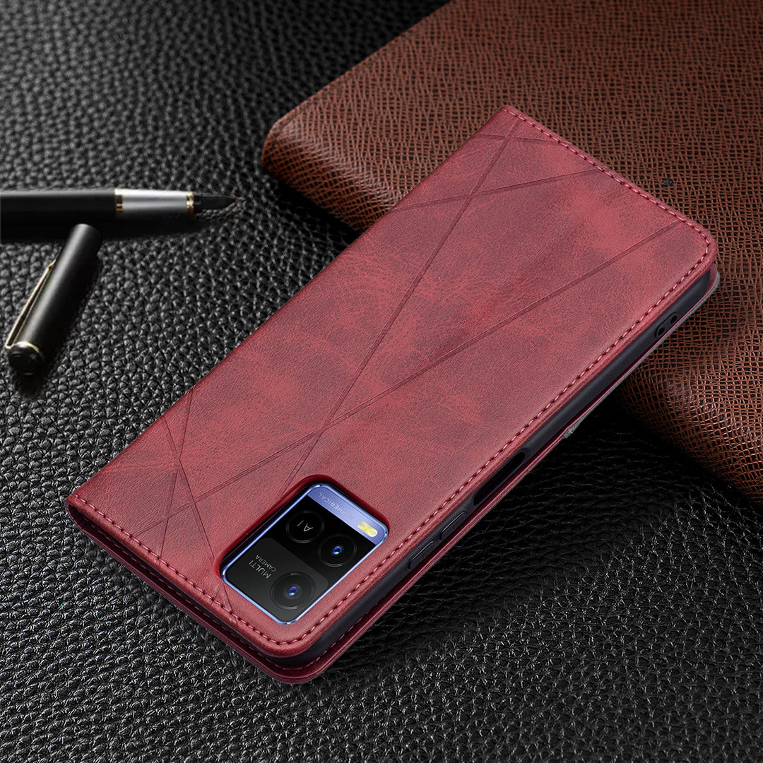 For vivo Y21 Scratch-resistant Rhombus-Like Protective Phone Cover Imprinting Card Slots Design Leather Stand Phone Case