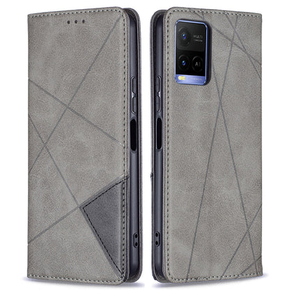 For vivo Y21 Scratch-resistant Rhombus-Like Protective Phone Cover Imprinting Card Slots Design Leather Stand Phone Case