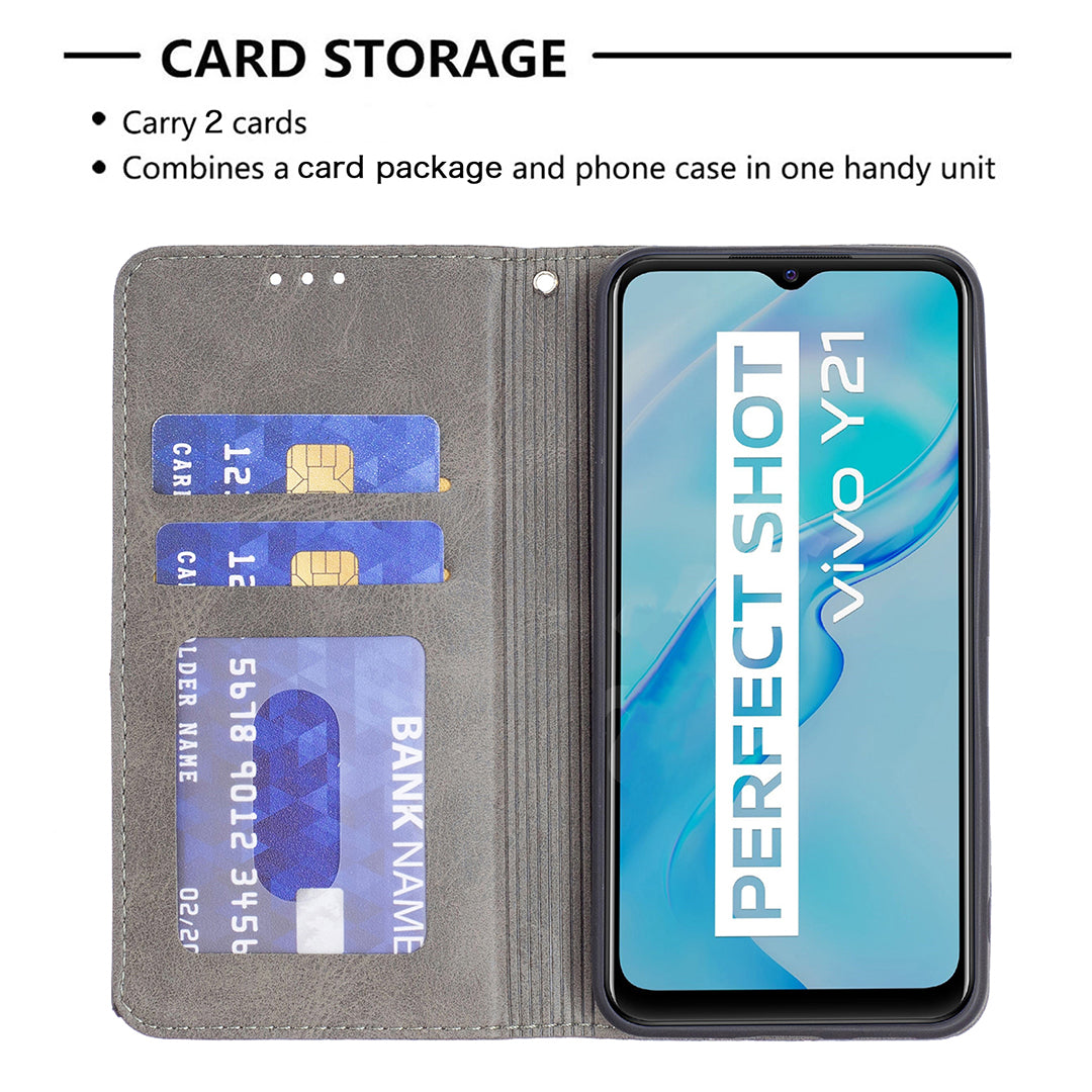 For vivo Y21 Scratch-resistant Rhombus-Like Protective Phone Cover Imprinting Card Slots Design Leather Stand Phone Case