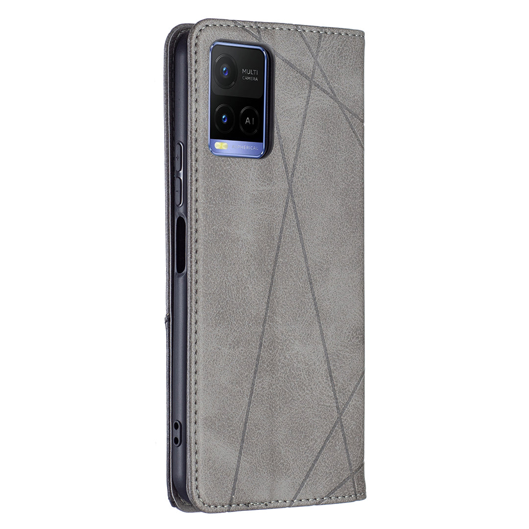 For vivo Y21 Scratch-resistant Rhombus-Like Protective Phone Cover Imprinting Card Slots Design Leather Stand Phone Case