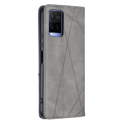 For vivo Y21 Scratch-resistant Rhombus-Like Protective Phone Cover Imprinting Card Slots Design Leather Stand Phone Case