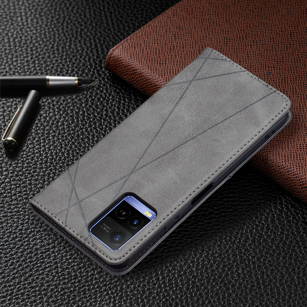 For vivo Y21 Scratch-resistant Rhombus-Like Protective Phone Cover Imprinting Card Slots Design Leather Stand Phone Case