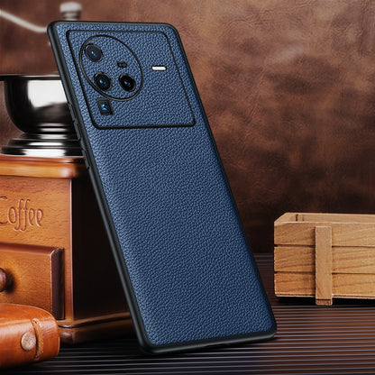 Precise Cutout Litchi Texture Phone Case for vivo X80 Pro, Genuine Cowhide Leather Coated TPU Cover with Lens Protection