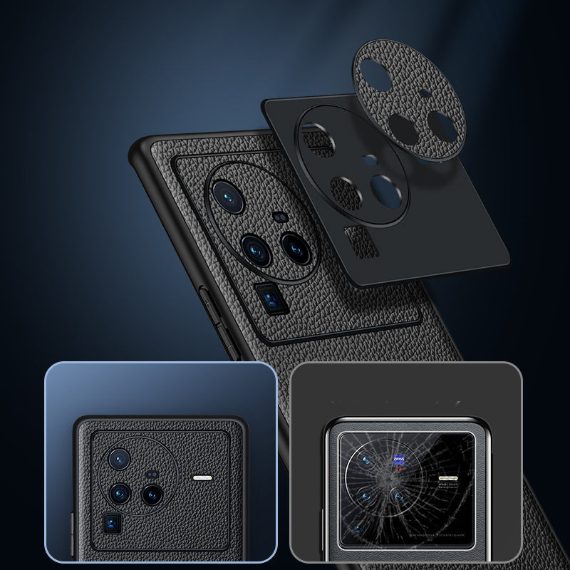 Precise Cutout Litchi Texture Phone Case for vivo X80 Pro, Genuine Cowhide Leather Coated TPU Cover with Lens Protection