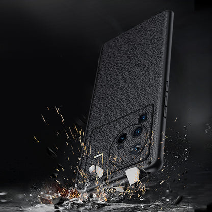 Precise Cutout Litchi Texture Phone Case for vivo X80 Pro, Genuine Cowhide Leather Coated TPU Cover with Lens Protection