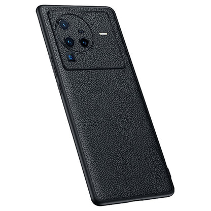 Precise Cutout Litchi Texture Phone Case for vivo X80 Pro, Genuine Cowhide Leather Coated TPU Cover with Lens Protection