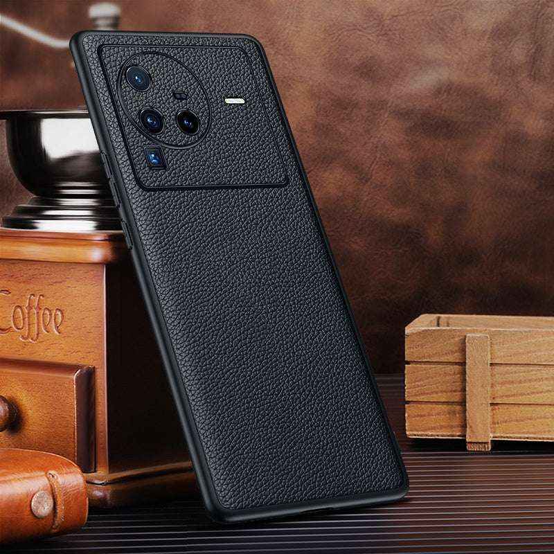 Precise Cutout Litchi Texture Phone Case for vivo X80 Pro, Genuine Cowhide Leather Coated TPU Cover with Lens Protection
