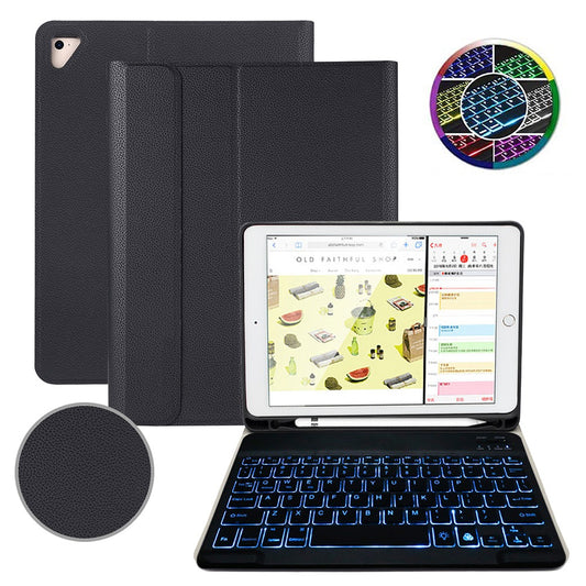 For iPad 9.7-inch (2017)/(2018)/Pro 9.7 inch (2016)/Air 2/Air (2013) Portable Bluetooth Keyboard with 7-Color Backlit + Litchi Texture Anti-Drop Protective Case
