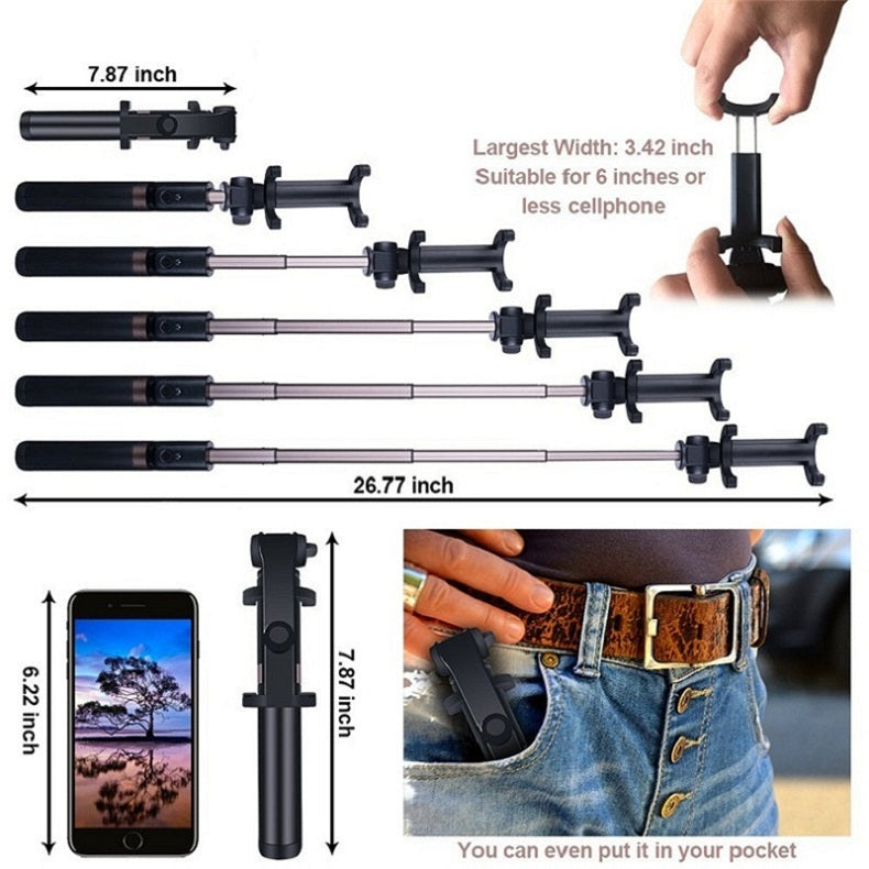 Portable Extendable Smartphone Holder Selfie Stick Tripod with Bluetooth Self Timer, Clamp Width: 56-90mm