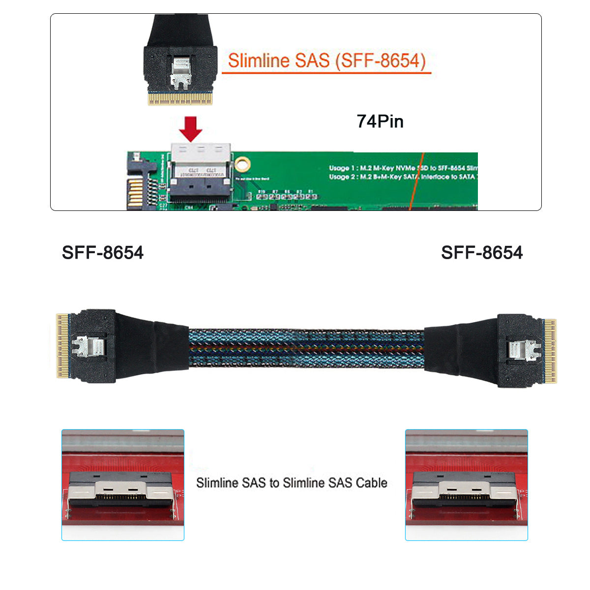 SF-028 0.5m PCI-E Slim Line SAS 4.0 SFF-8654 8i 74Pin Host to SFF-8654 Slim SAS Target Cable