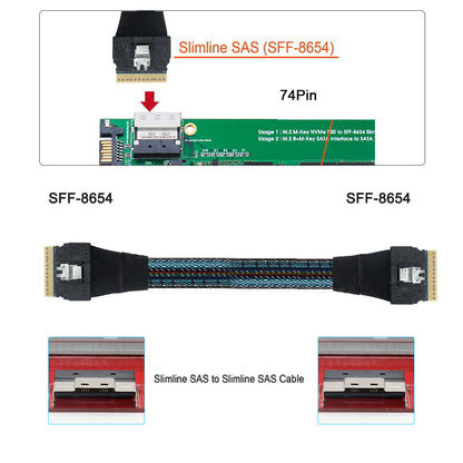 SF-028 0.5m PCI-E Slim Line SAS 4.0 SFF-8654 8i 74Pin Host to SFF-8654 Slim SAS Target Cable