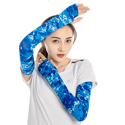 1 Pair Men Women Summer Outdoor Sports Anti-UV Ice Silk Arm Sleeves Half Finger Gloves with Thumb Hole