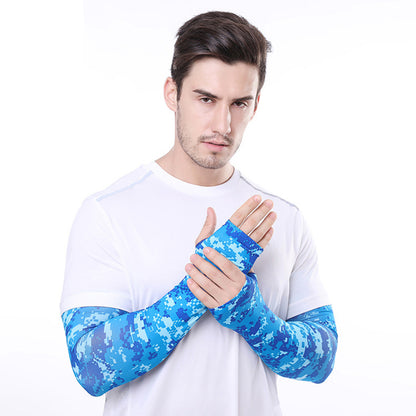 1 Pair Men Women Summer Outdoor Sports Anti-UV Ice Silk Arm Sleeves Half Finger Gloves with Thumb Hole