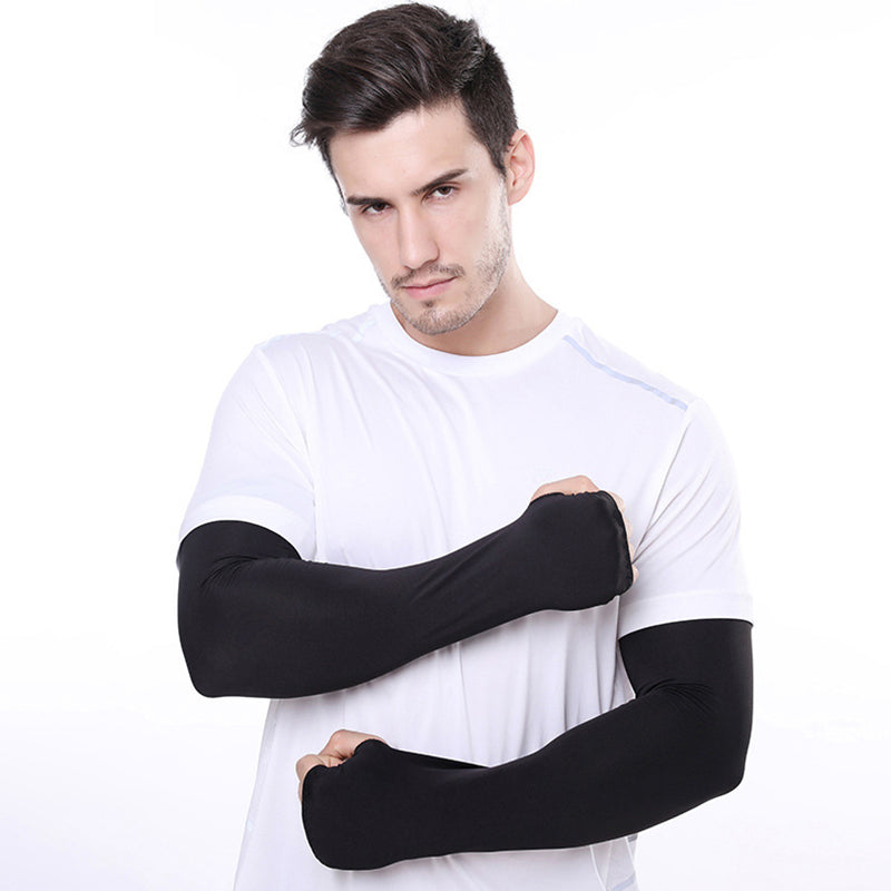 1 Pair Men Women Summer Outdoor Sports Anti-UV Ice Silk Arm Sleeves Half Finger Gloves with Thumb Hole