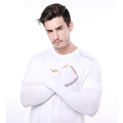 1 Pair Men Women Summer Outdoor Sports Anti-UV Ice Silk Arm Sleeves Half Finger Gloves with Thumb Hole