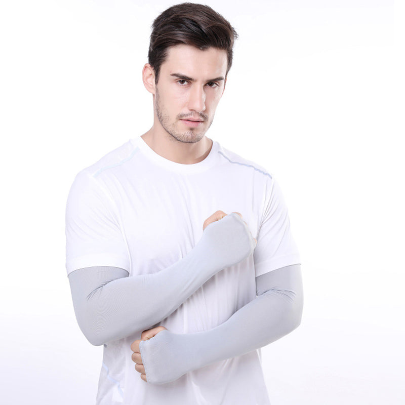 1 Pair Men Women Summer Outdoor Sports Anti-UV Ice Silk Arm Sleeves Half Finger Gloves with Thumb Hole