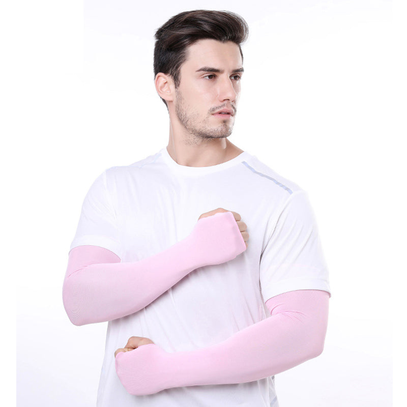 1 Pair Men Women Summer Outdoor Sports Anti-UV Ice Silk Arm Sleeves Half Finger Gloves with Thumb Hole