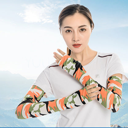 1 Pair Men Women Summer Outdoor Sports Anti-UV Ice Silk Arm Sleeves Half Finger Gloves with Thumb Hole
