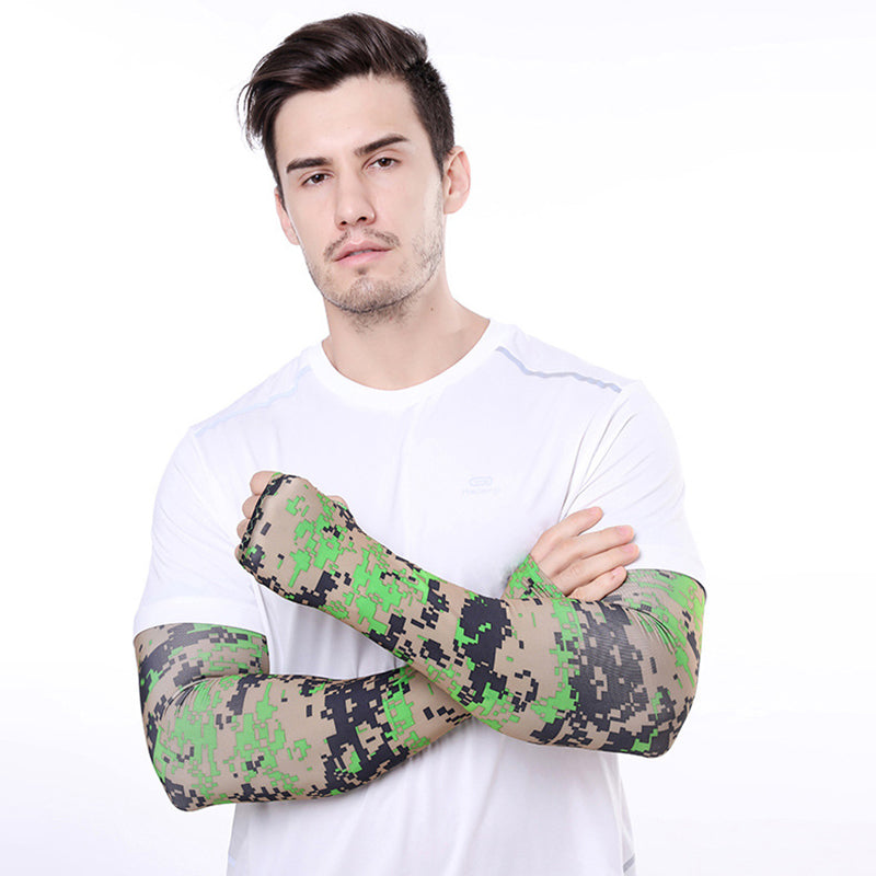 1 Pair Men Women Summer Outdoor Sports Anti-UV Ice Silk Arm Sleeves Half Finger Gloves with Thumb Hole