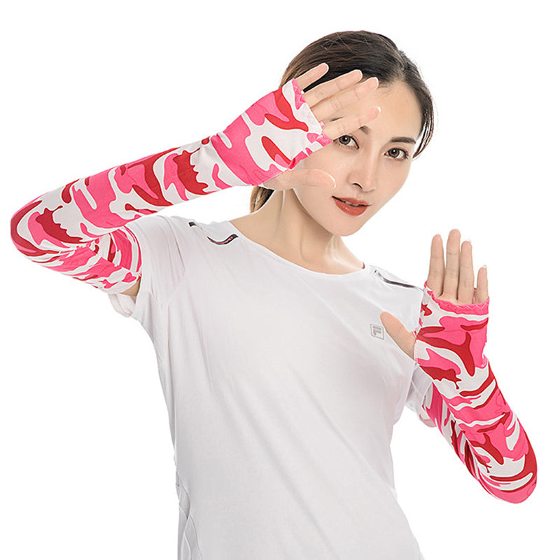 1 Pair Men Women Summer Outdoor Sports Anti-UV Ice Silk Arm Sleeves Half Finger Gloves with Thumb Hole
