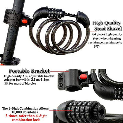 LG7101 125cm Bicycle Steel Cable 5 Digit Password Lock MTB Bike Scooter Anti-theft Combination Code Lock