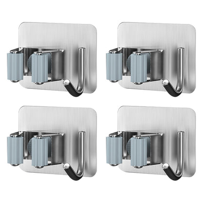 SUS304 4PCS Mop Broom Holder Stainless Steel Square Shaped Self Adhesive Mop Holder Wall Mounted with Hooks for Bathroom, Kitchen, Garden Garage