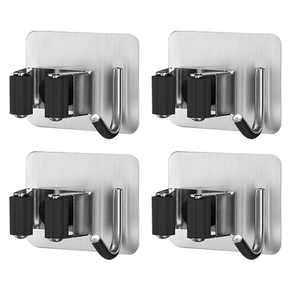 SUS304 4PCS Mop Broom Holder Stainless Steel Square Shaped Self Adhesive Mop Holder Wall Mounted with Hooks for Bathroom, Kitchen, Garden Garage
