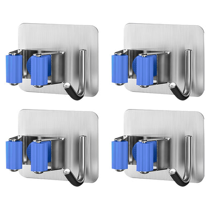 SUS304 4PCS Mop Broom Holder Stainless Steel Square Shaped Self Adhesive Mop Holder Wall Mounted with Hooks for Bathroom, Kitchen, Garden Garage